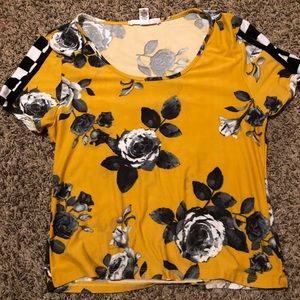 Yellow crop top with gray and white roses
